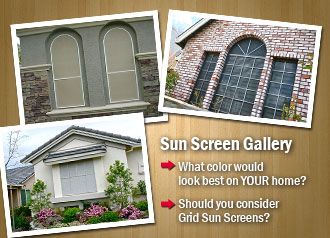 Pictures of three homes with sun screens and words Sun Screen Gallery in bottome left corner