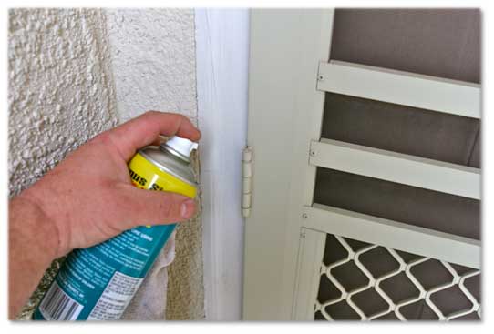 man's hand spraying can of cleaner on Screen Doors