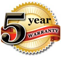 Graphic of gold circle with 5 Year Warranty written across it