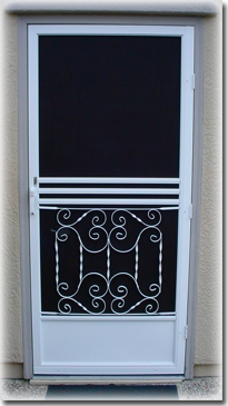 metal screen door of home with pattern on bottom half 