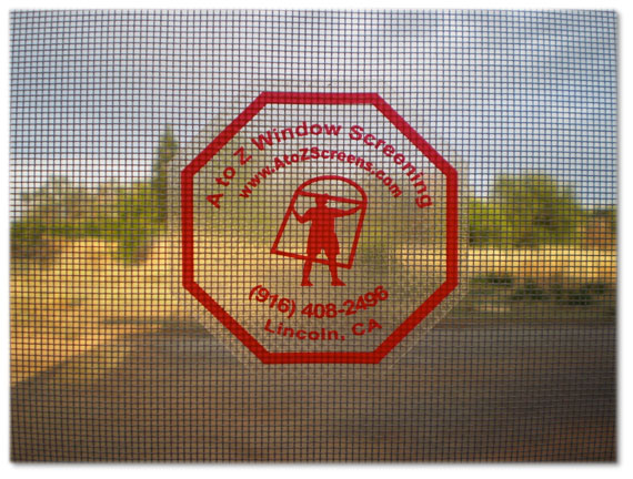 Patch on screen of window that says A to Z Window Screens Lincoln CA 