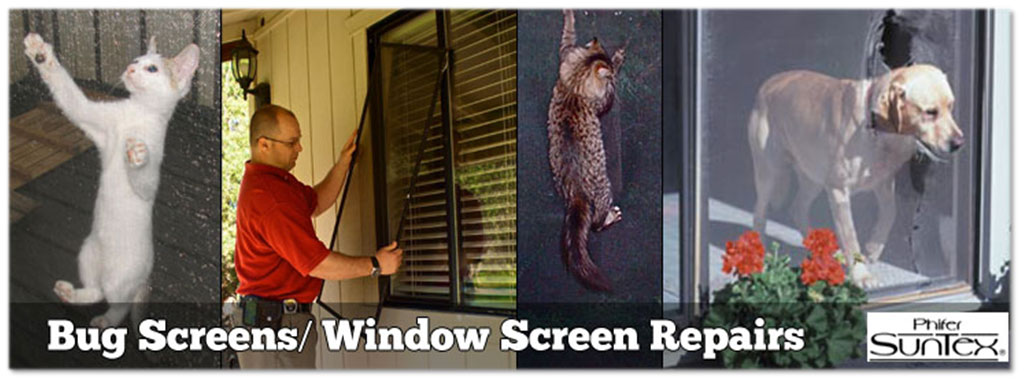 images of cats and dogs damging window screens and a man repairing one