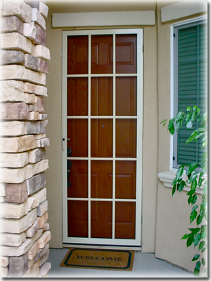 brown screen behind a glass paneled front door of home bricks on the left side