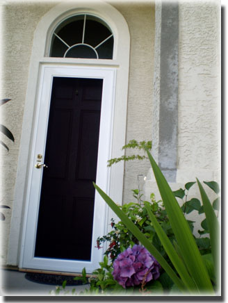Black Security door with archway above it on front tpont porch of home purple flowers in the bottom right 