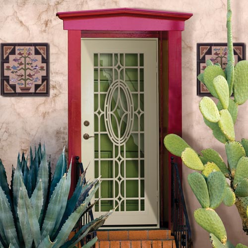 white security screen door with design surrounded by a red frame and catcus in front