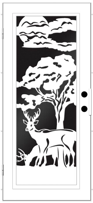 Black and white drawing of a door this one has a design of two deer and a tree with clouds in background