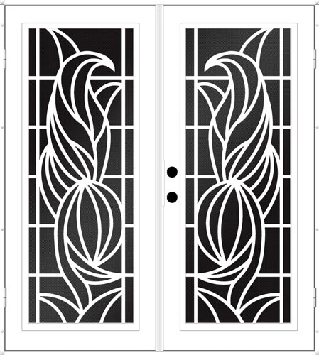 Black and white drawing of two security doors each has a design facing and mirroring the other looks like flower petals