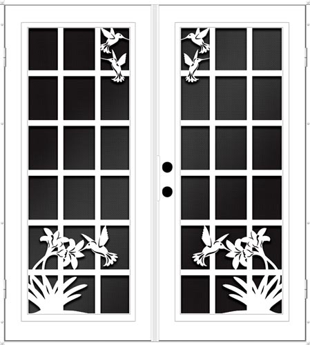 Black and white drawing of security doors these have a pattern of hummingbirds in the top corners and a single one with flowers in the bottom