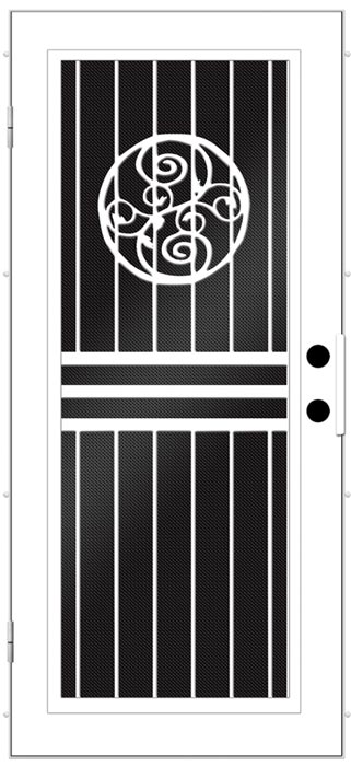 Black and White Drawing of a screen door with a circular design in the top portion