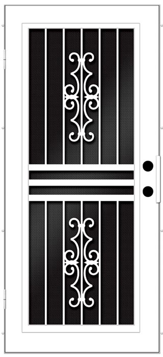 Black and White Drawing of screen door top and bottom section have same pattern divided by three lines in middle of door