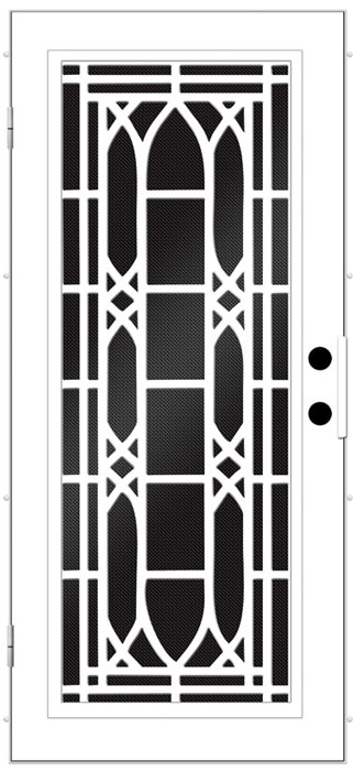 Black and White drawing of screen door this with interwoved pattern of lines and shapes