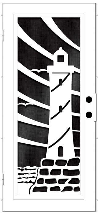 Black and White drawing of screen door this design is a lighthouse with clouds