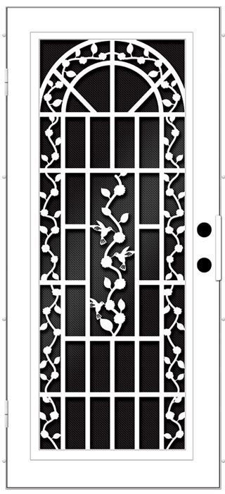 Black and White Drawing of screen door this one has an floral archway design with vines in middle