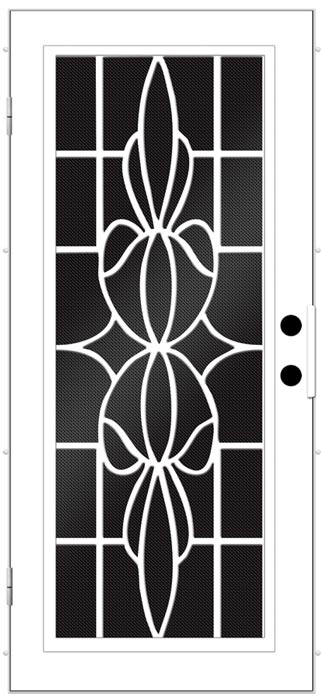 Black and White Drawing of screen door with mirroring floral design
