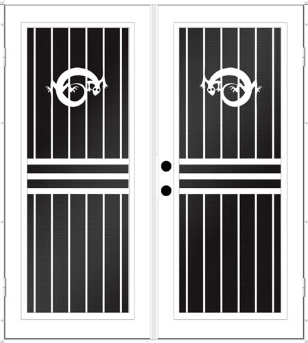 Black and white drawing of security screen doors each door has a curled up lizard on the top section