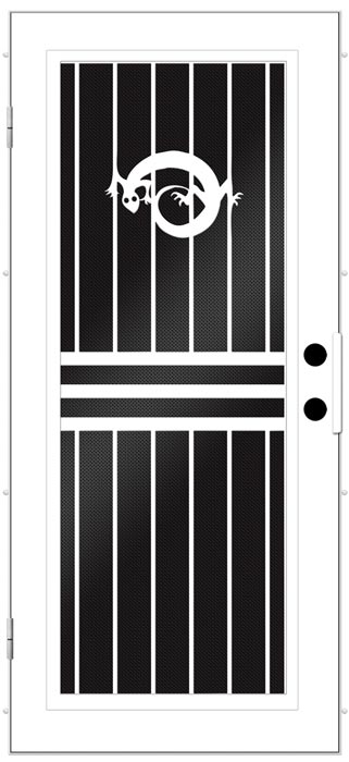 Black and White Screen Door with bars design is a Lizard curled up near the top