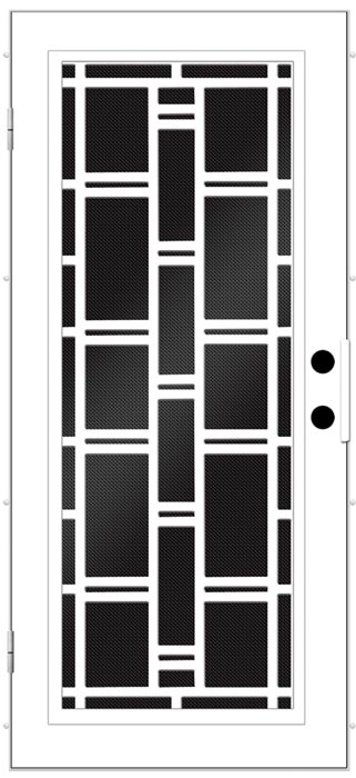 Black and White Drawing of screen door this design is off set squares and rectangles