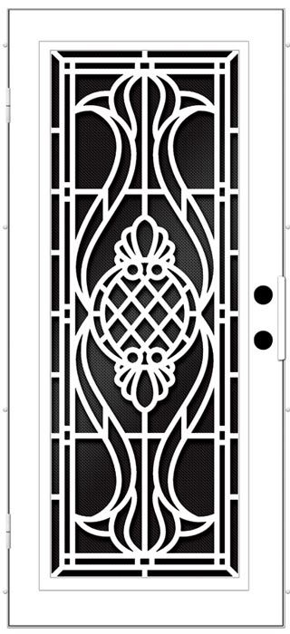 Black and White screen door drawing with design of mirroring floral design and image in middle