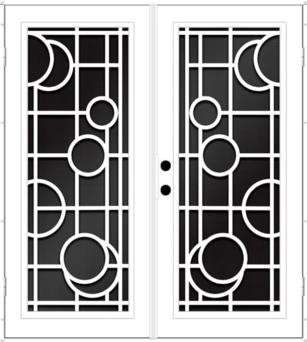 Black and white drawing of security screen doors these two have single and overlapping circles as the pattern