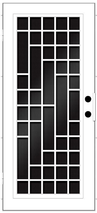 Black and White Drawing of screen door this one has a design of squares and rectangles off set in differing patterns