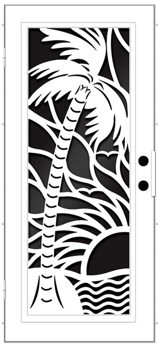 Black and White drawing for screen door with palm tree and sun design