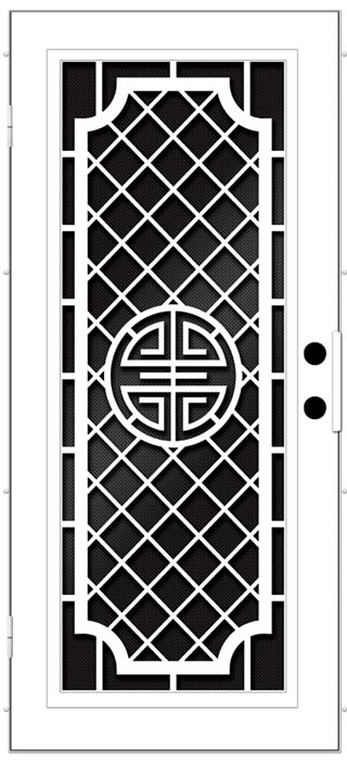 Black and White Screen door design drawing with chain link pattern with circular design in middle