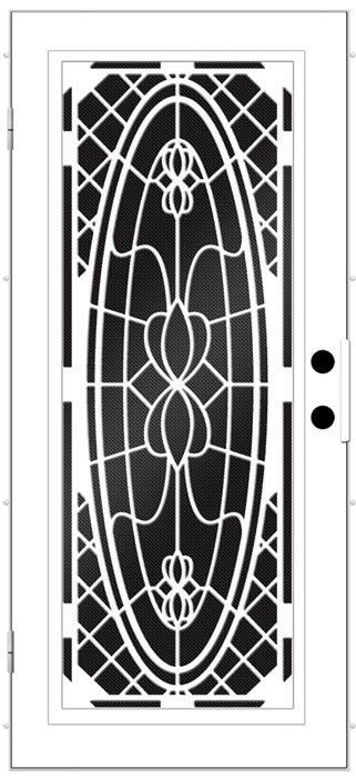 Black and White screen door design drawing with oval pattern with mirroring crowns