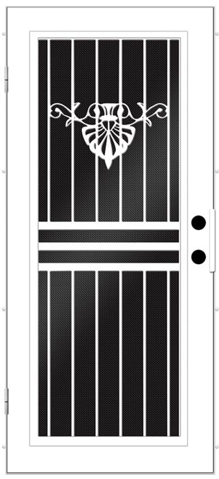 Black and White Screen door design with bars and decorative design near top