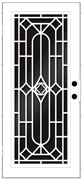 Black and white drawing of screen door with line bar design meeting in circle in the meeting