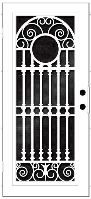 Black and white drawing of a screen door design is pillars with arch at top and design at bottom