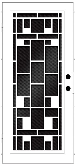Black and white security screen door with design different sized squares and rectangles