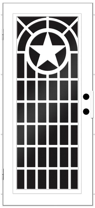 Black and white security screen door with design circle at the top with a. star in it