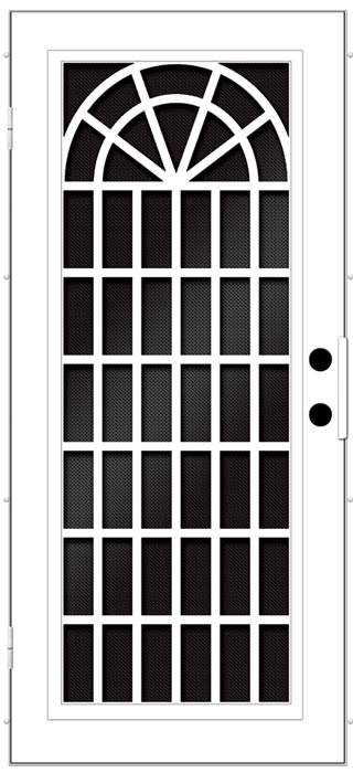 Black and white security screen door with design rows of rectangles with arch on top
