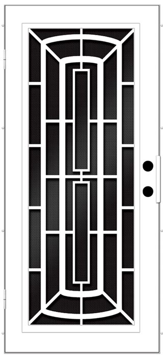 Black and white security screen door with design