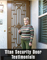 woman standing in front of brown security door