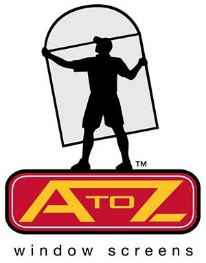 Graphic of man holding window screen standing on A to Z window screens written out