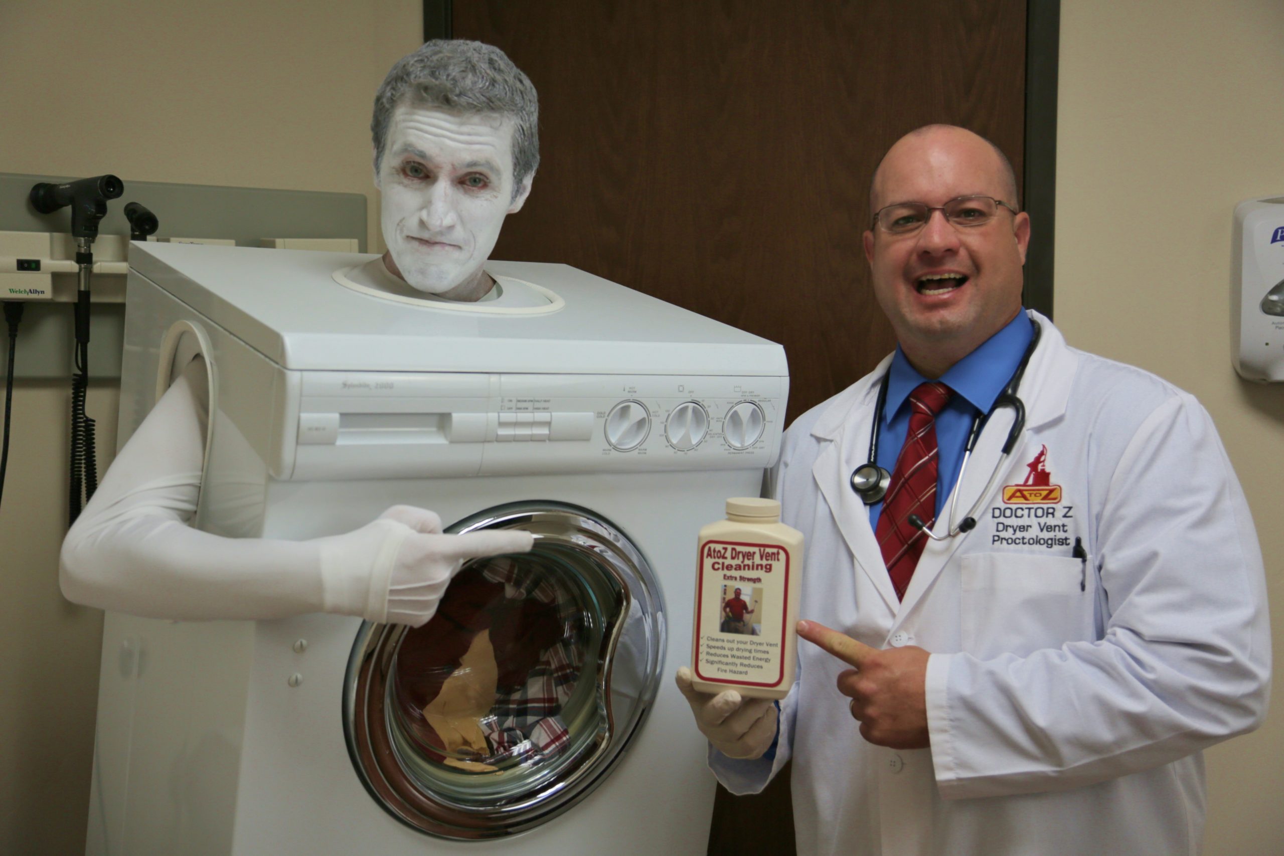 man with white painted face wearing dryer costume next to a man in a doctor outfit