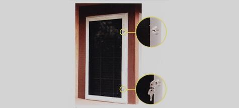 black window screen with white trim with keys and lock show in bubbles